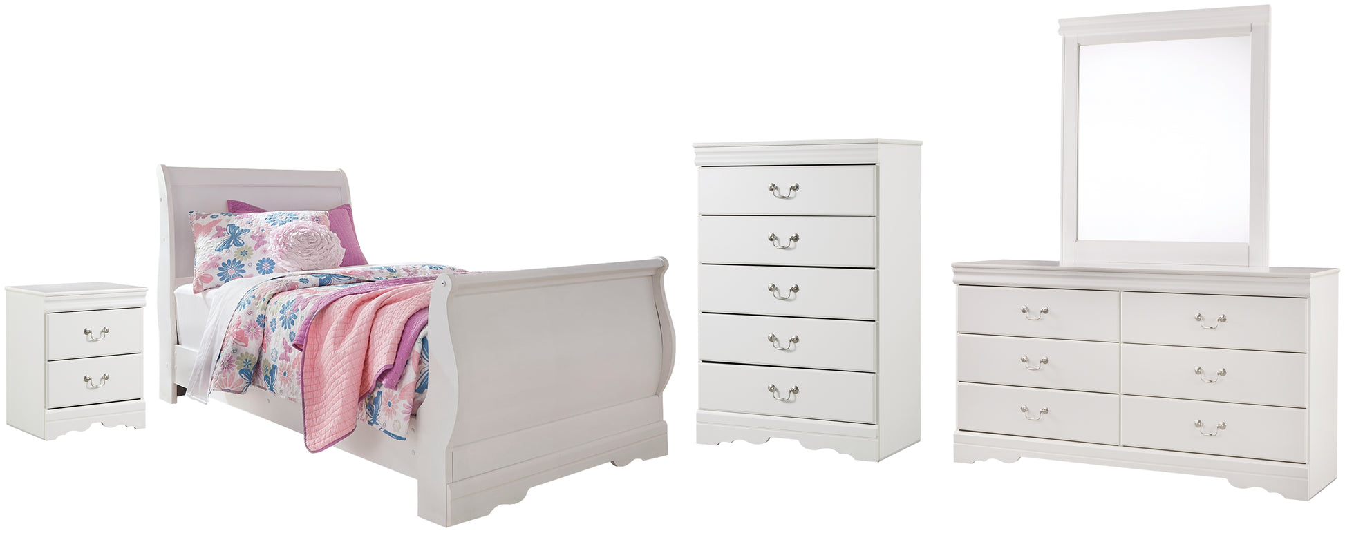 Anarasia Twin Sleigh Bed with Mirrored Dresser, Chest and Nightstand Signature Design by Ashley®