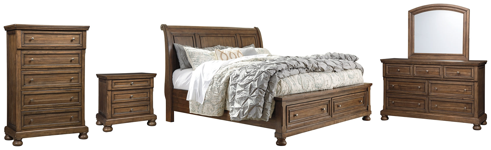 Flynnter Queen Sleigh Bed with 2 Storage Drawers with Mirrored Dresser, Chest and Nightstand Signature Design by Ashley®
