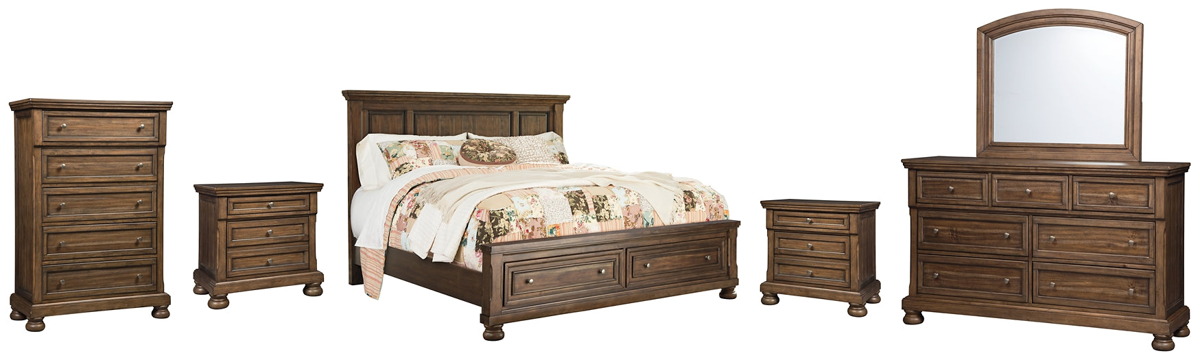 Flynnter Queen Panel Bed with 2 Storage Drawers with Mirrored Dresser, Chest and 2 Nightstands Signature Design by Ashley®