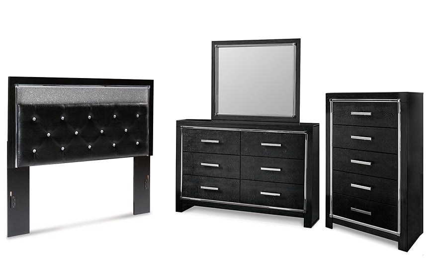 Kaydell Queen Upholstered Panel Headboard with Mirrored Dresser and Chest Signature Design by Ashley®