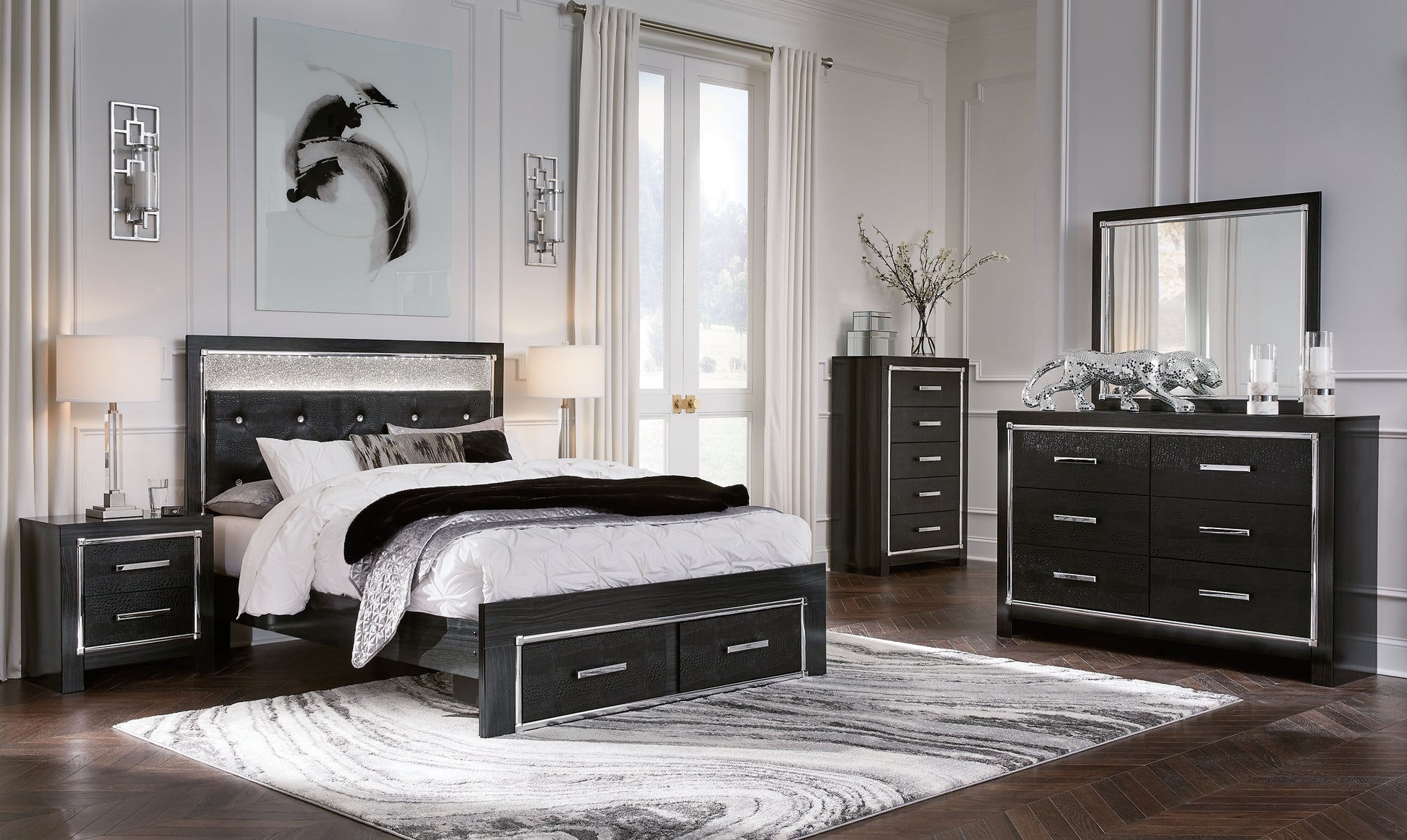 Kaydell Queen Upholstered Panel Storage Platform Bed with Mirrored Dresser, Chest and 2 Nightstands Signature Design by Ashley®