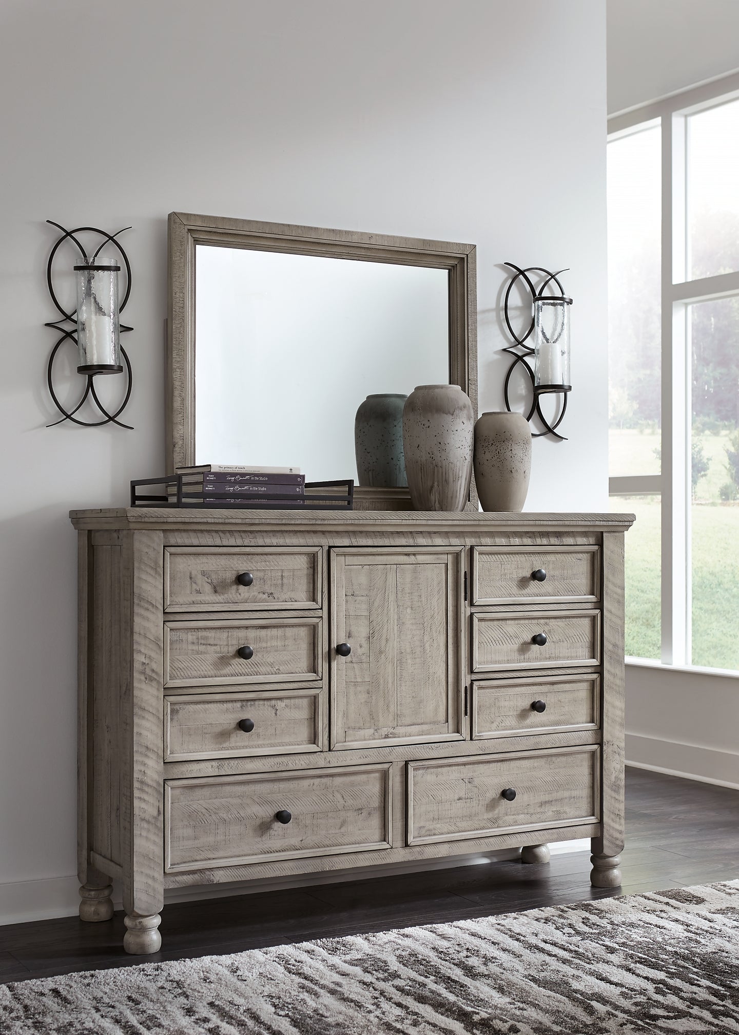 Harrastone California King Panel Bed with Mirrored Dresser, Chest and 2 Nightstands Millennium® by Ashley